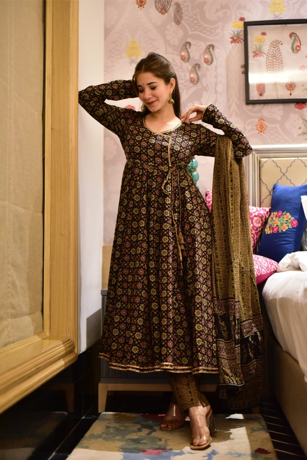 brown ajrakh angrakha suit set