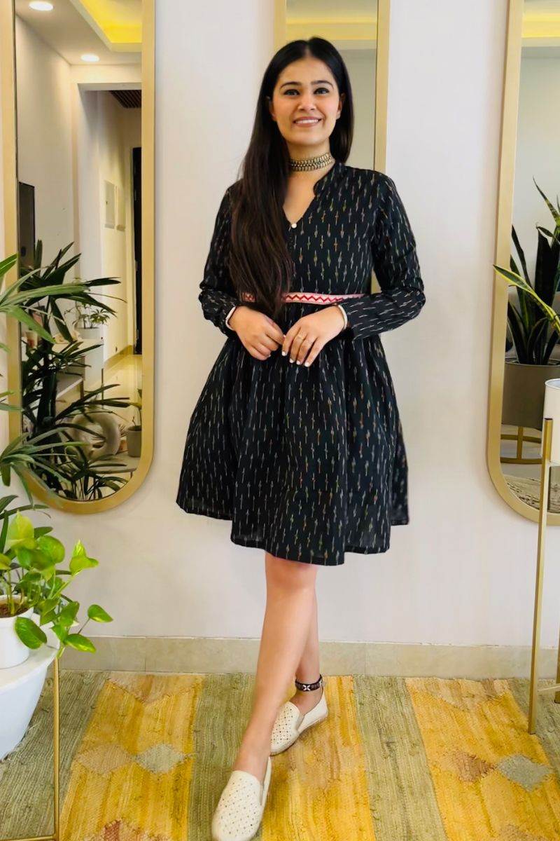 BLACK IKAT FLARED DRESS