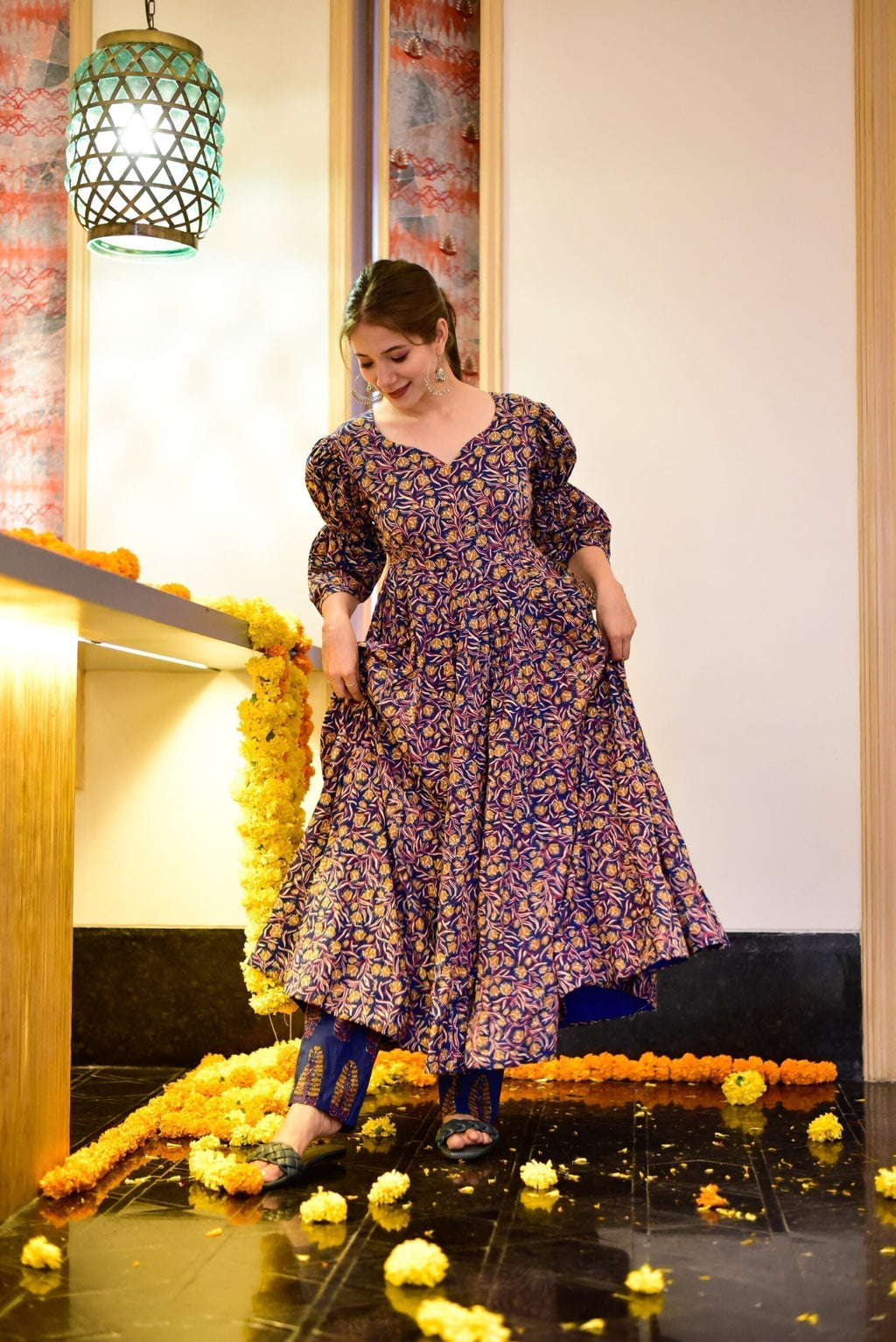 blue burst floral suit set