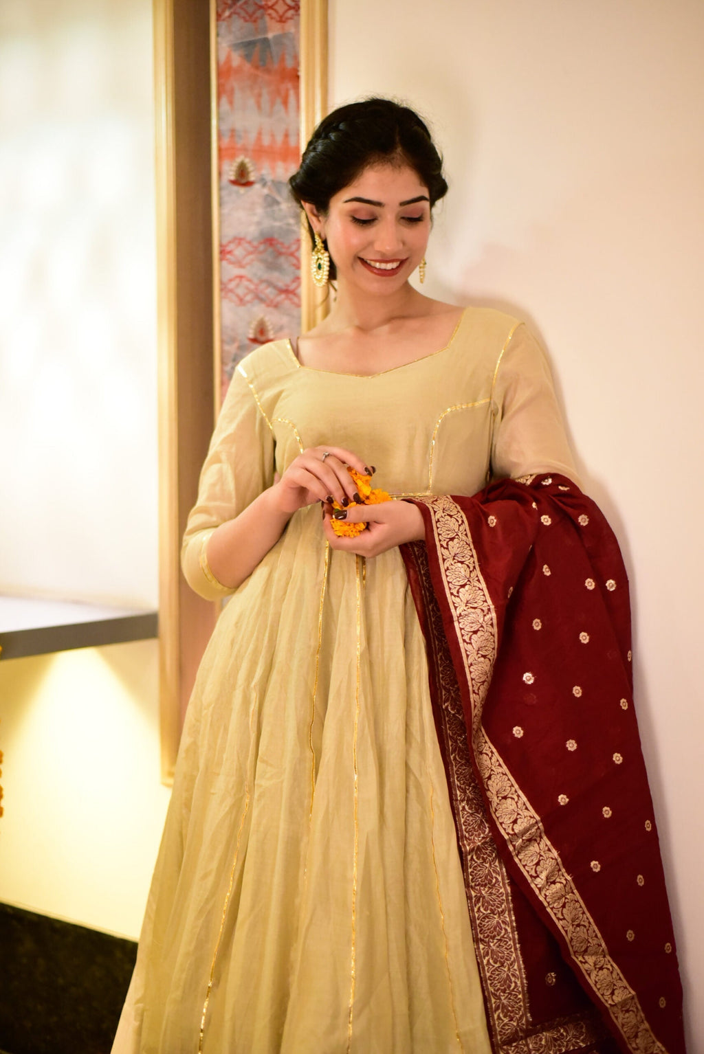 glory beige chanderi suit set