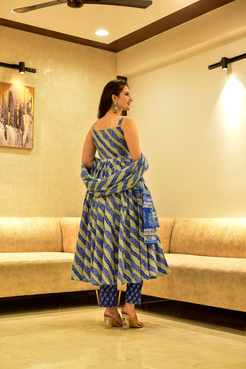 blue and grey linear cotton suit set