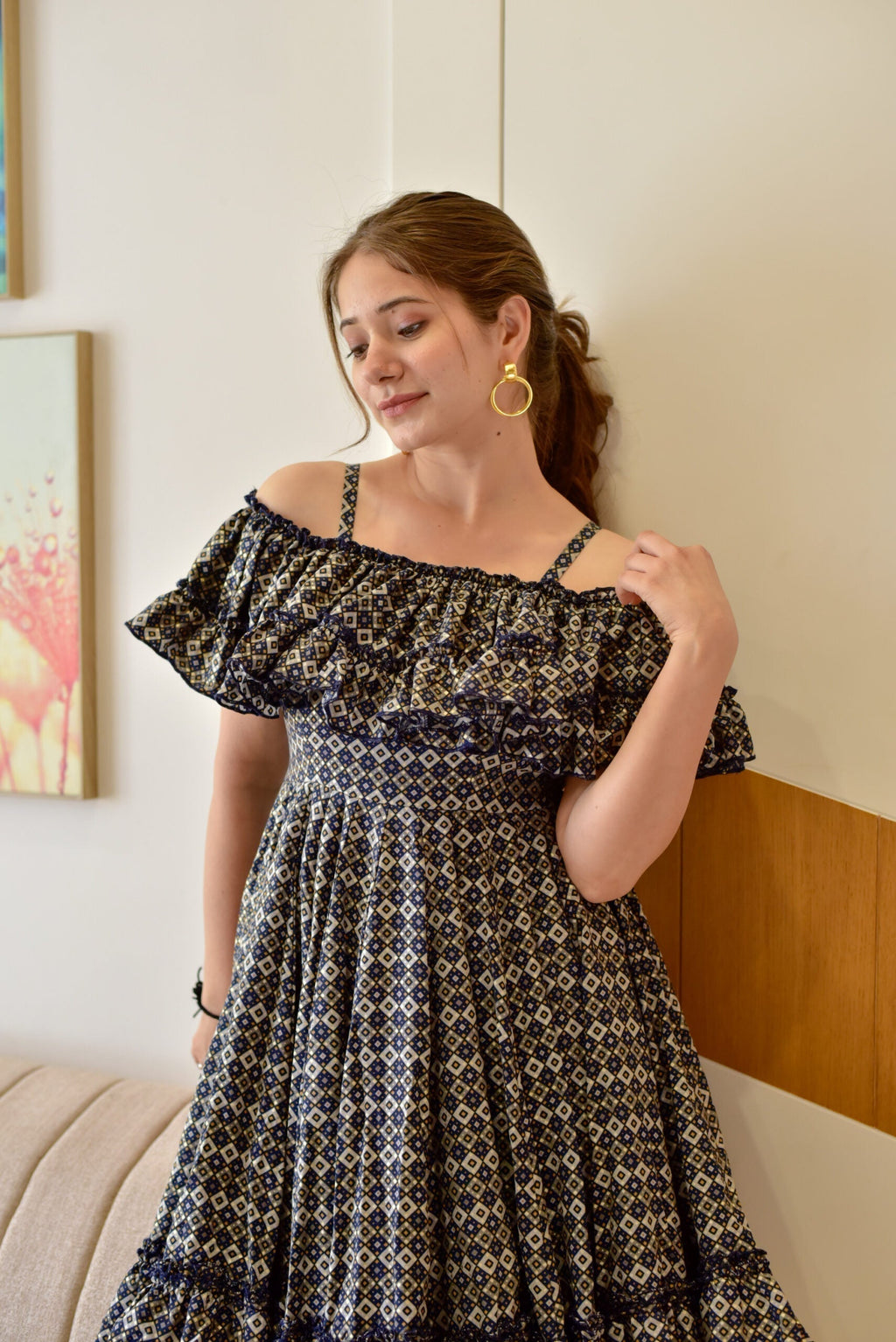 blue blossomy checks printed dress