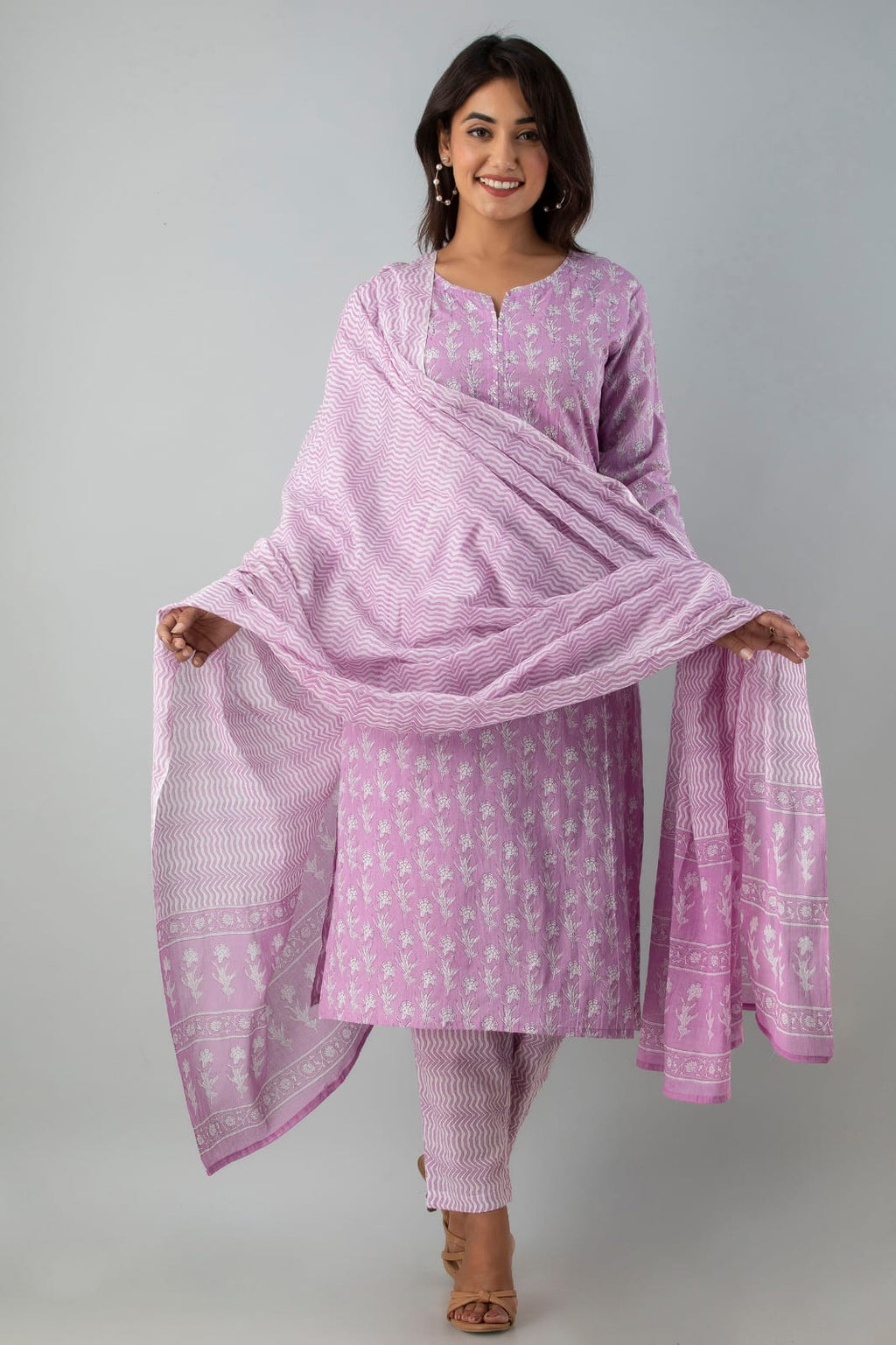 Floral Lilac Breathable Relaxing Fit Cotton Suit (3 piece)