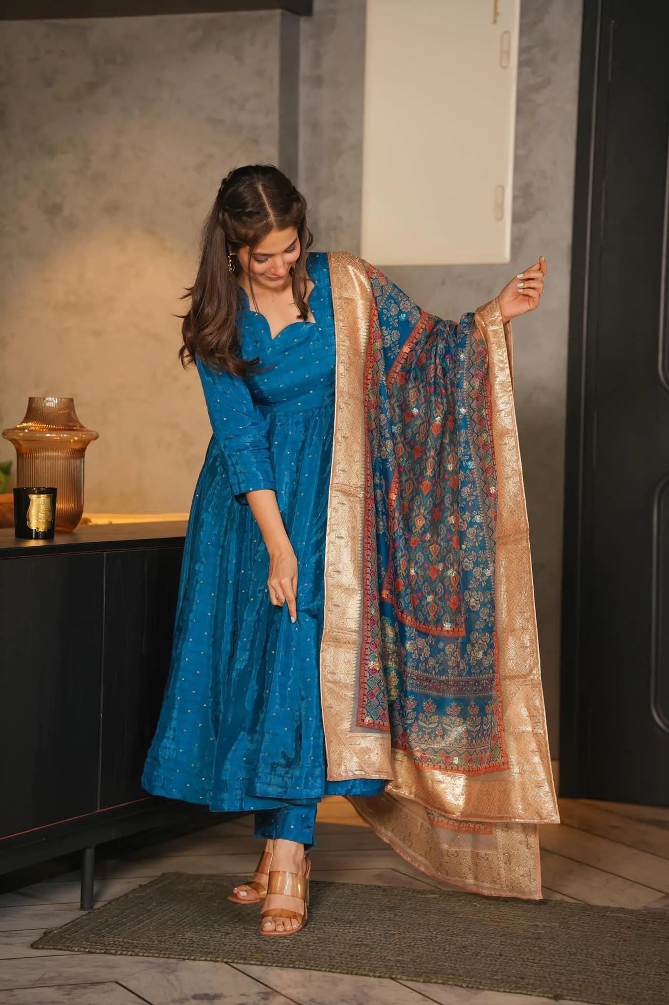 aqua blue silk suit set