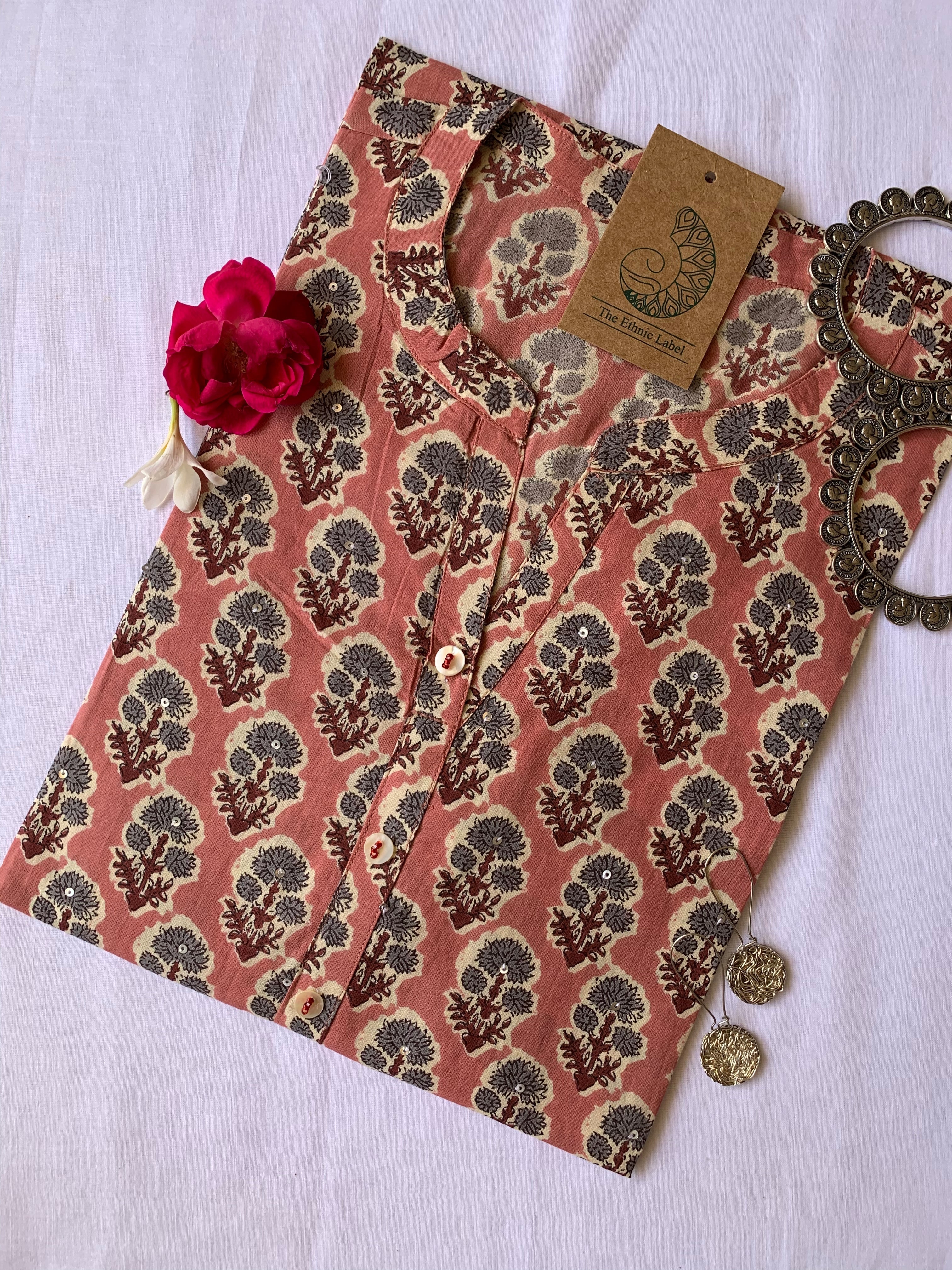 "Apricot" Floral Boota Cotton Kurta