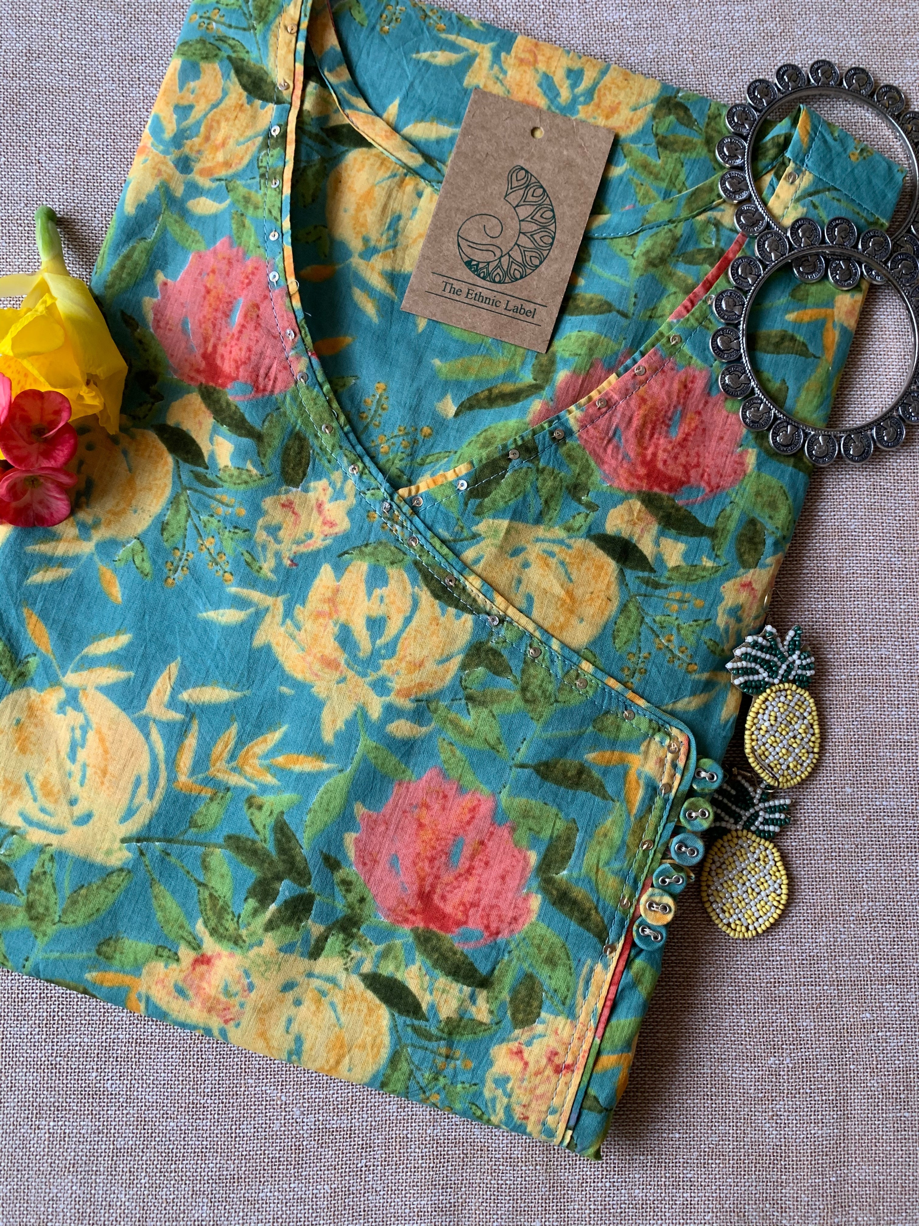 "Daffodils" Sanganer Hand Block Printed Angrakha Cotton Kurta