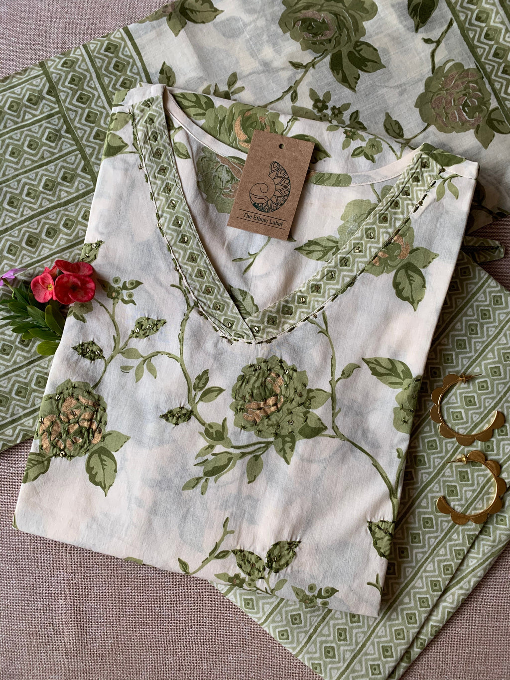 Cream Mehendi "Gold" Cotton Kurta Set with Dupatta - 3 pc