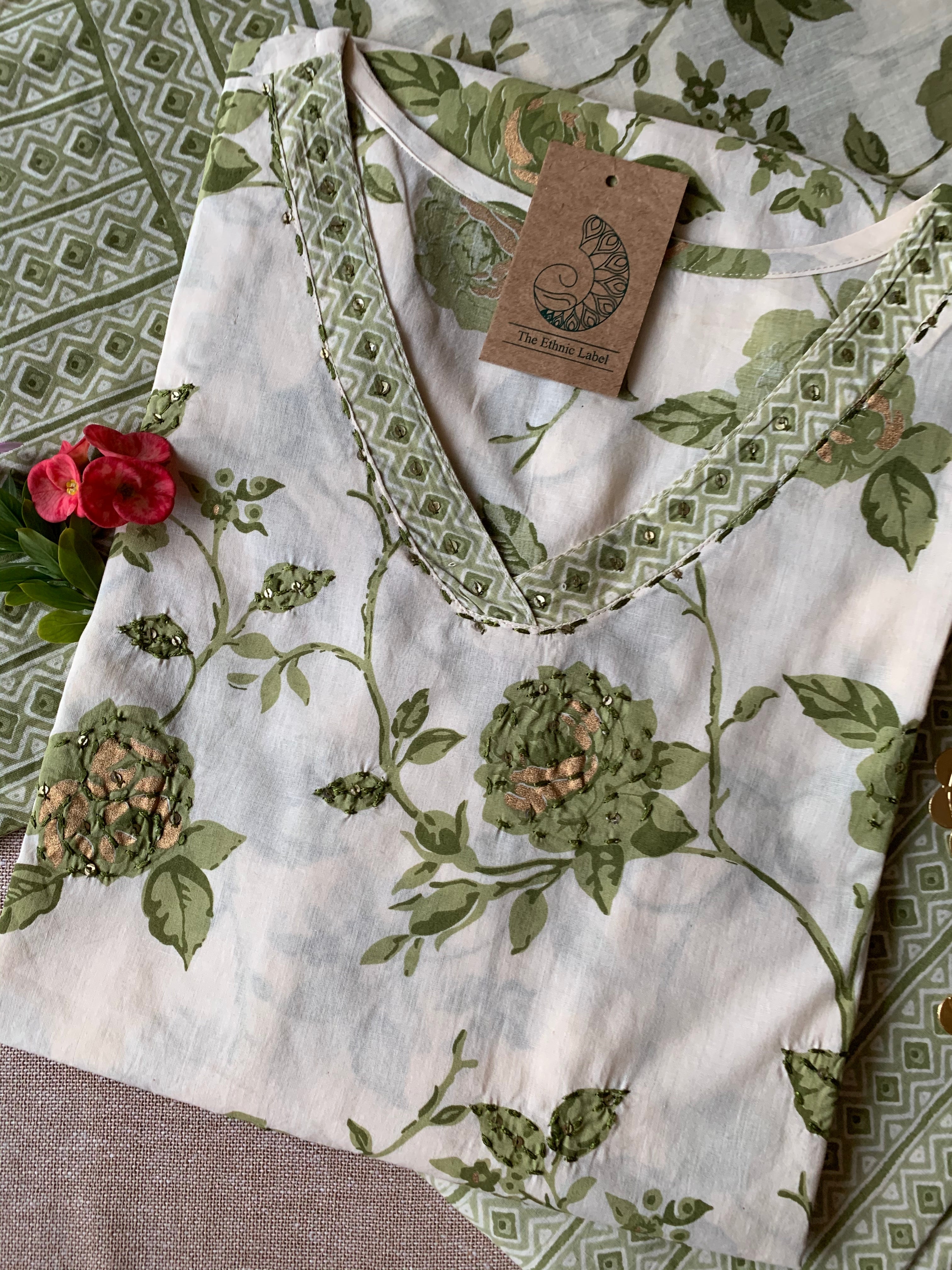 Cream Mehendi "Gold" Cotton Kurta Set with Dupatta - 3 pc