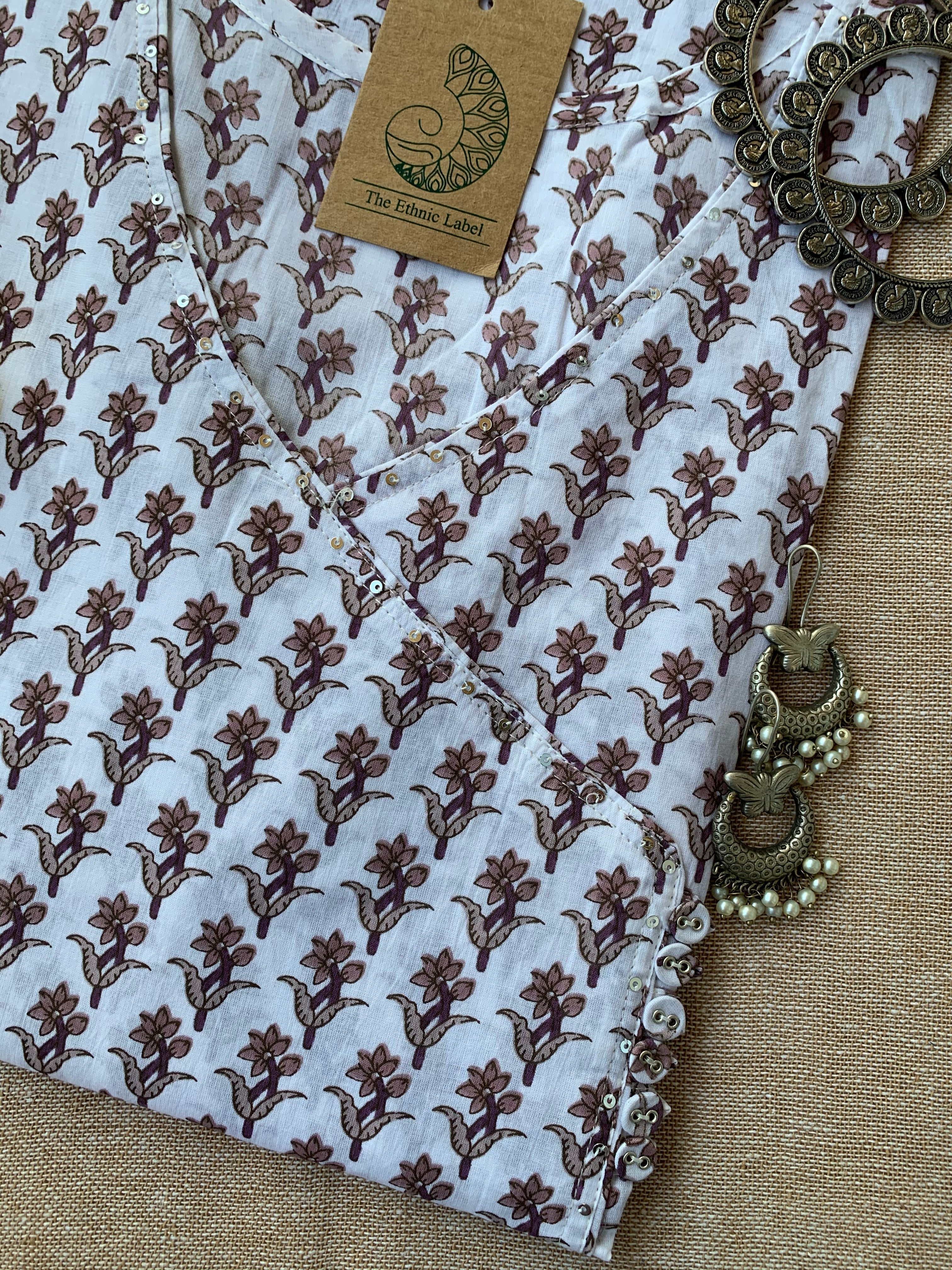 Hand Block Printed White Boota Angrakha Cotton Kurta