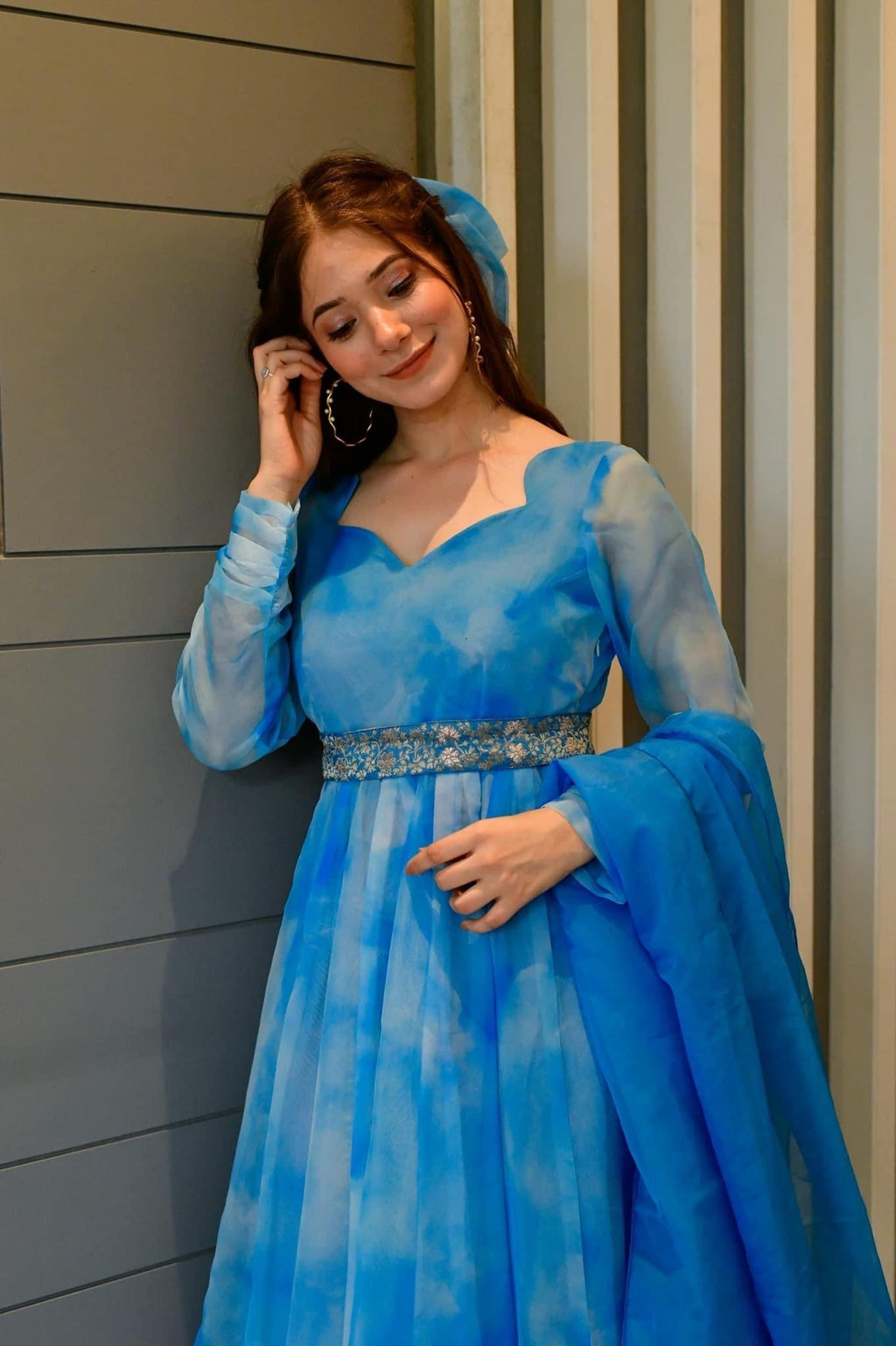 blue marble printed organza suit set