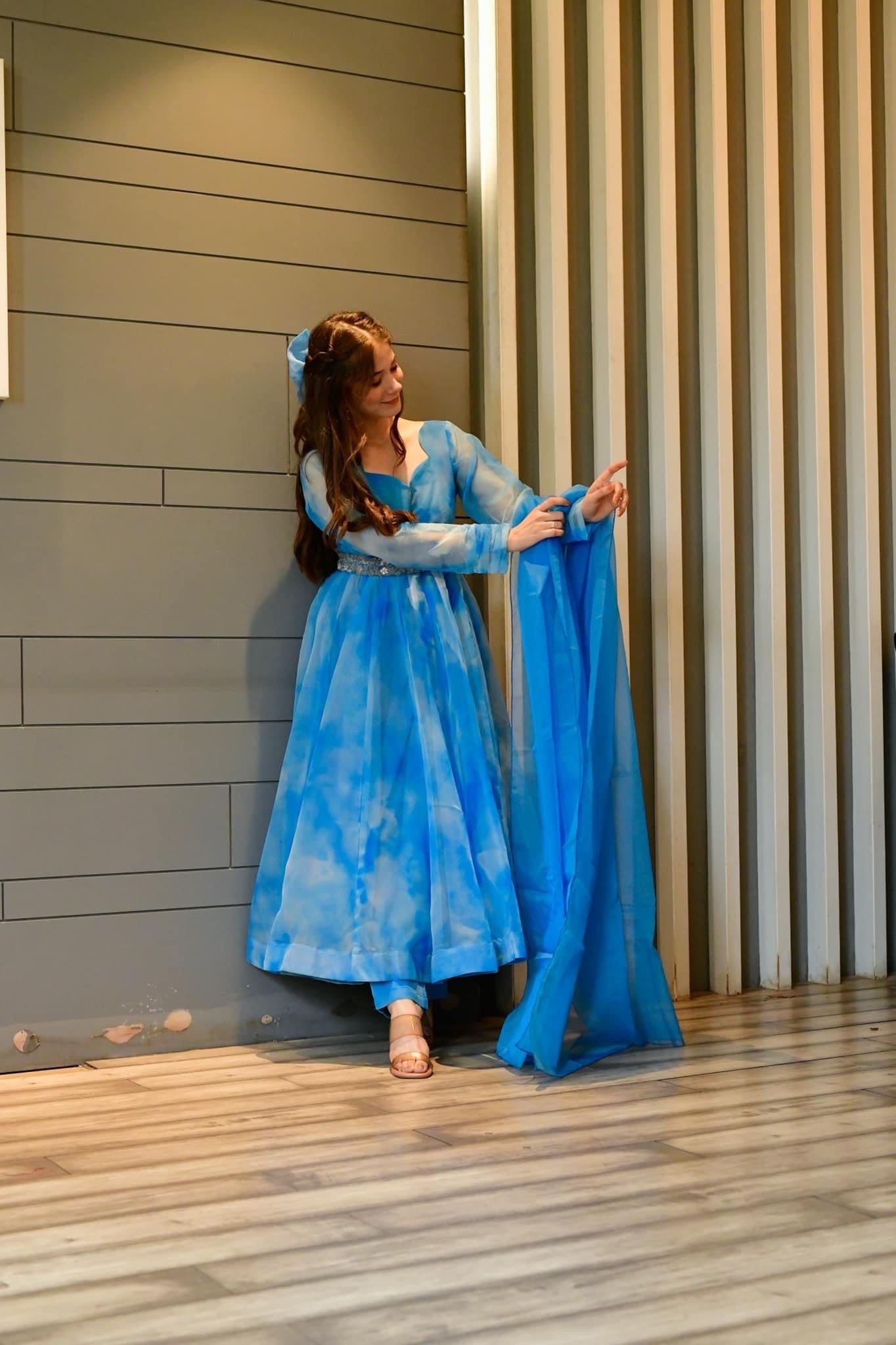 blue marble printed organza suit set