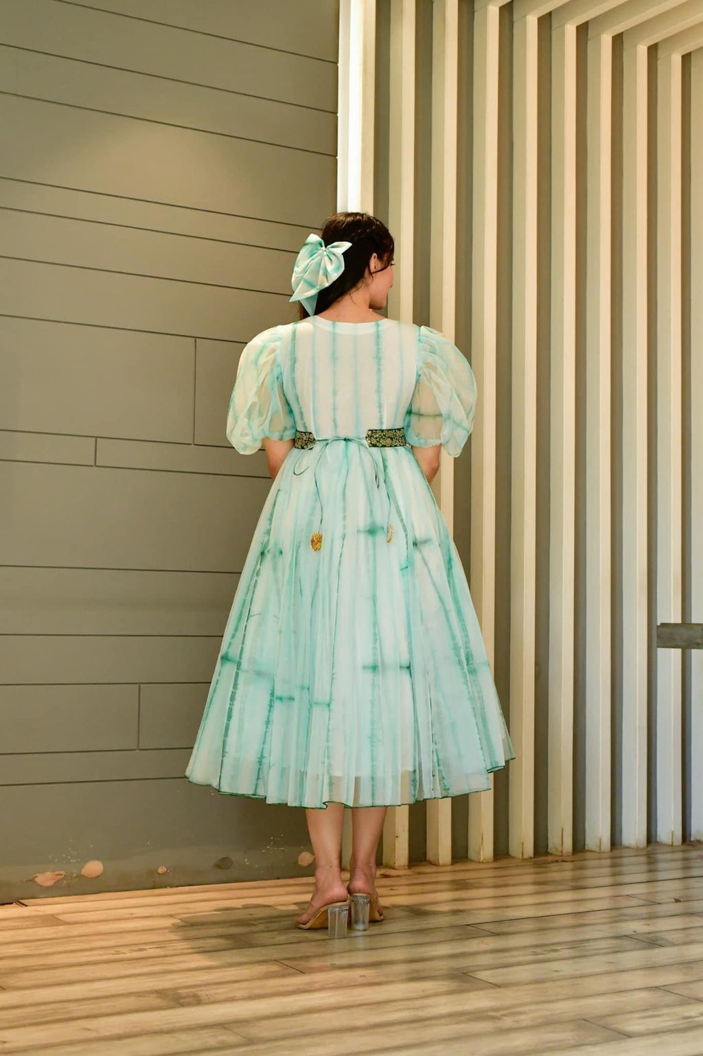 Green shibori organza dress