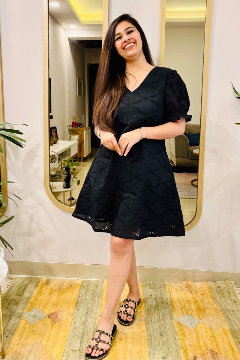 BLACK SCHIFFLI EMBROIDERED FLARED DRESS